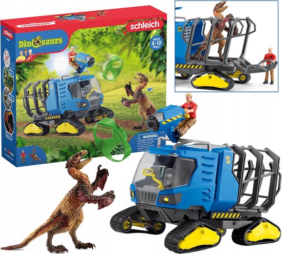 Dinosaurus speelt met blauw terreinvoertuig en mannelijke figuur, op de doos staat Schleich.