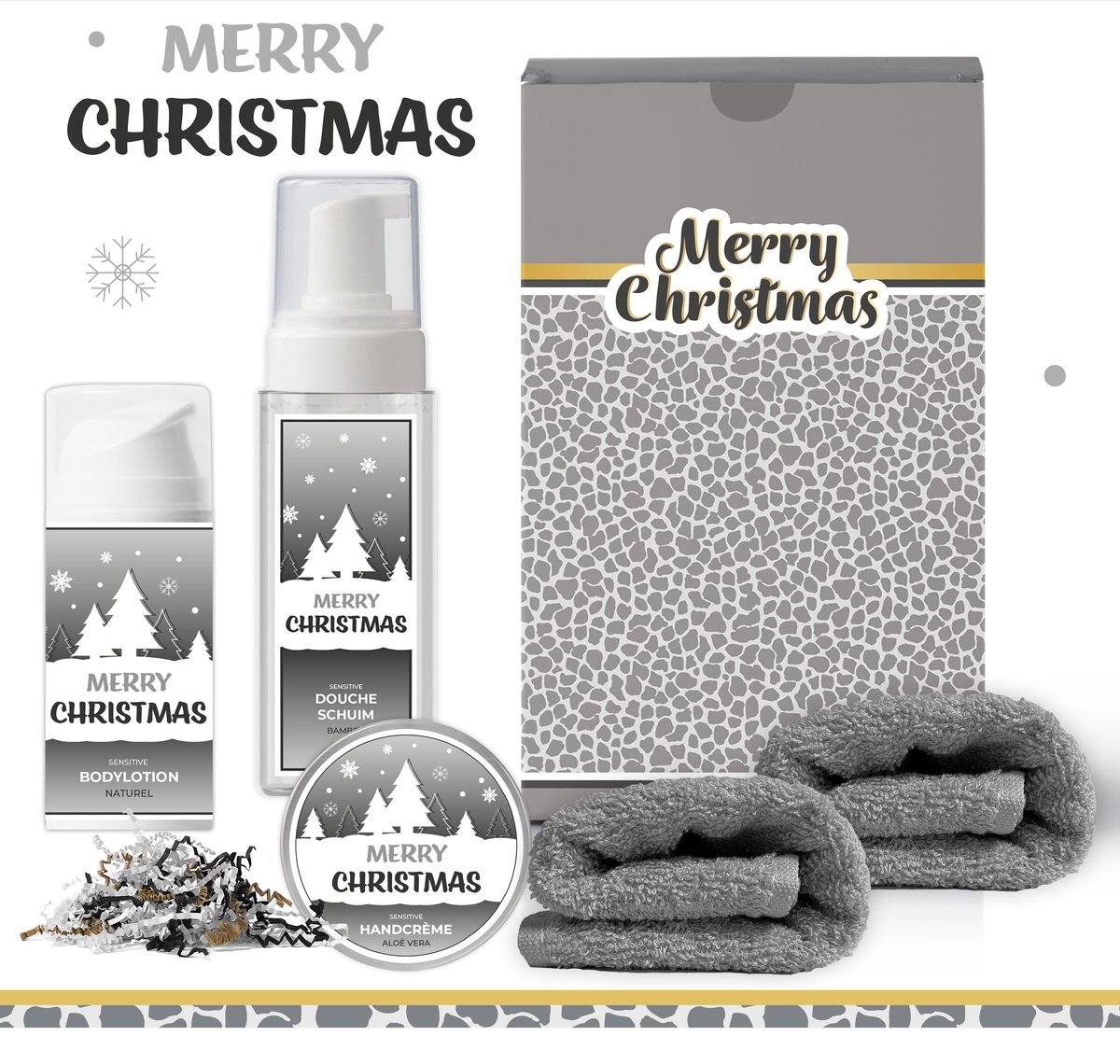 Geschenkset “Merry Christmas!” - 5 producten - 550 gram - Triomf Cosmetica | Giftset voor haar Luxe cadeaubox Wellness Set Cadeaupakket Cadeau vrouw Vriendin Zus Moeder Mama Kerstpakket Kerstcadeau Grijs Zilver Kerst Geschenk Goud