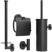 Ensemble d'accessoires de toilette Avalo Zwart 4 pièces - Set de Toilettes de Luxe - Brosse WC avec support / Porte-rouleau de papier toilette / Porte-rouleau de rechange / Crochet à serviette - Incl. Matériel de fixation