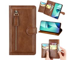 Premium vintage portemonnee hoesje met ritssluiting flip-cover hoes met kaarthoudersleuven Geschikt voor: Samsung Galaxy A14 5G / Samsung Galaxy A14 4G - donker bruin