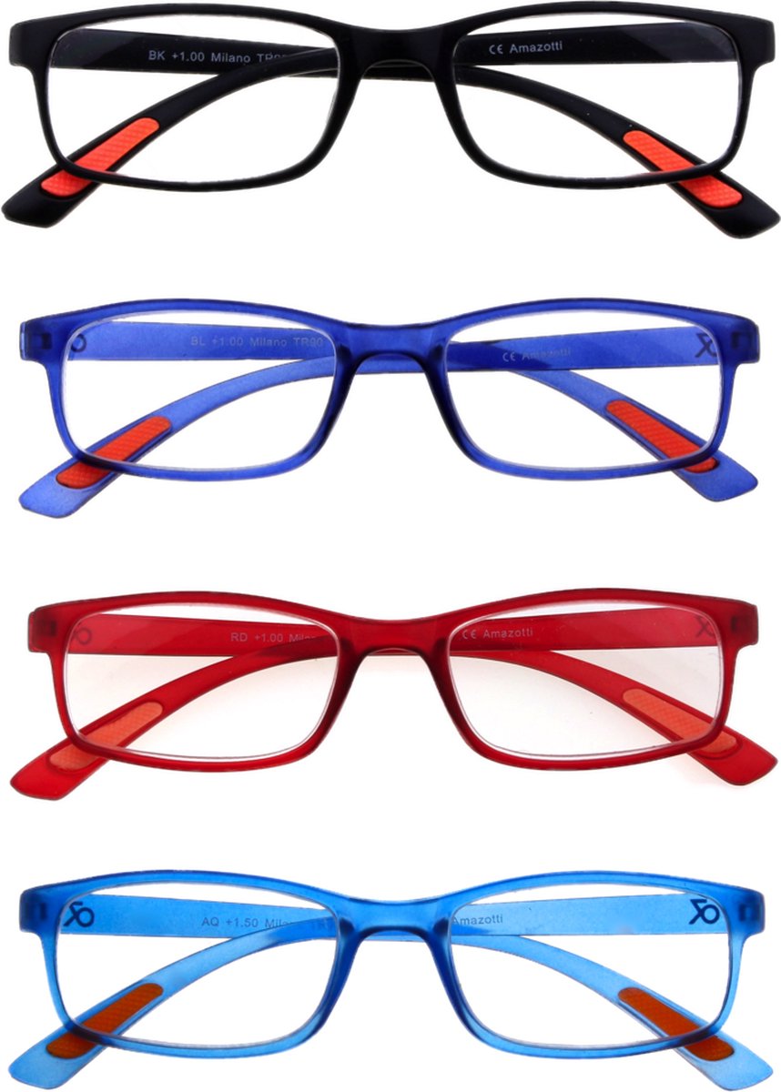 Amazotti Milano Leesbrillen Sterkte +1.50 - Set van 3+1 Extra - Zwart, Blauw, Rood - Leesbril voor Heren en Dames
