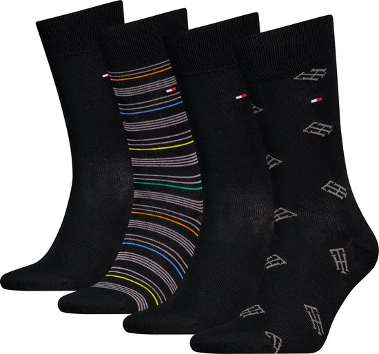 Tommy Hilfiger giftbox 4P sokken monogram stripe zwart - 39-42