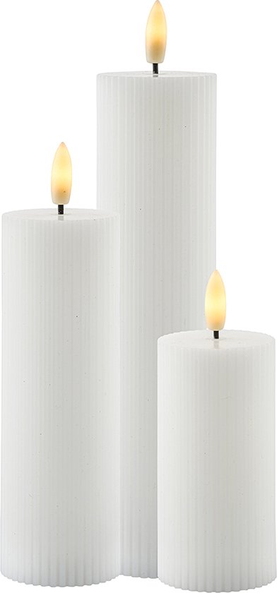 Sirius Smilla - rechargeable - set van 3 oplaadbare witte pilaar kaarsen met ribbel structuur - ø 5 cm - H 10 / 12,5 / 15 cm