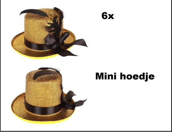 6x Mini hoge hoed glitter + deco goud - Themafeest party hollywood glitter and glamour Carnaval optocht