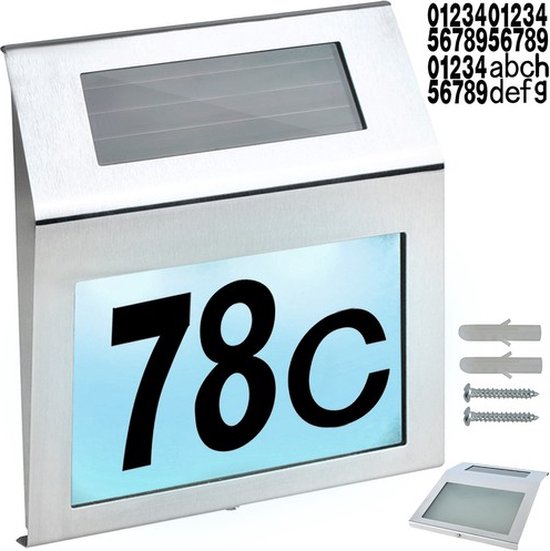 Meision Zonnelampen voor buiten, met bewegingsmelder, verlicht huisnummer op zonne-energie met 7 leds, roestvrij staal, IP44 waterdicht, 120 graden verlichtingshoek, met schakelaar, cijfers, letters