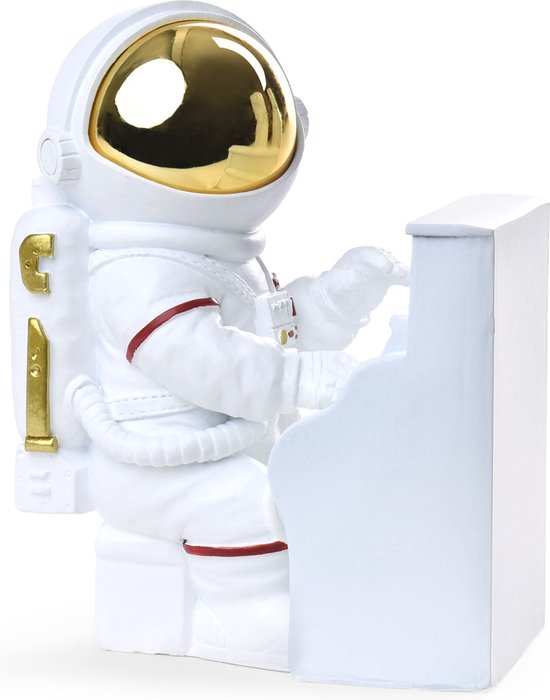 BRUBAKER Decoratieve figuur astronaut pianospeler - 16 cm ruimtefiguur met piano en verchroomde helm - handbeschilderd modern ruimtevaartbeeld voor muzikanten - wit en goud