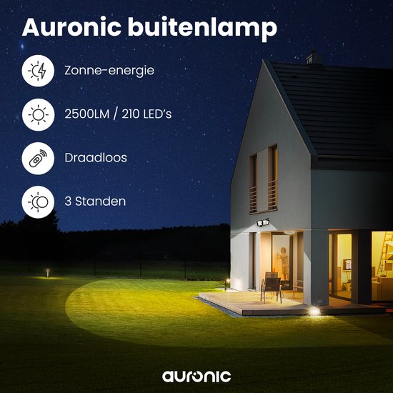 Auronic Solar Buitenlamp met Bewegingssensor - Wandlamp met Sensor - Zonne-energie - 210 LED's - IP65 - 2 Stuks - Zwart - Auronic