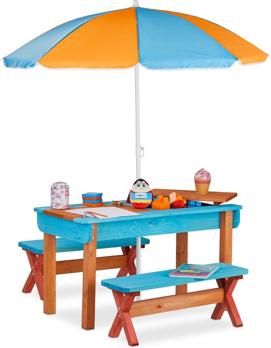 Relaxdays picknicktafel kind met parasol - speeltafel - zandtafel met 2  banken speeltafel | bol.com