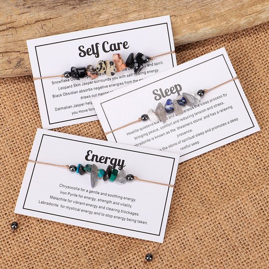 Bracelet cadeau Bixorp « Self Care » - Bracelet de pierres précieuses sur carte - Obsidienne flocon de neige, Jaspe et Obsidienne