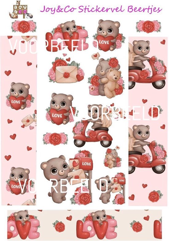 Valentijn beertjes – 15 stickers op vel – velletje van 13 x 18 cm