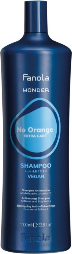 Donkerblauwe fles Fanola Wonder No Orange Shampoo, 1000 ml.