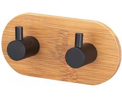 DWIH® - Zelfklevende dubbele Haak van Bamboe en zwart staal - Ophanghaken - Zelfklevend - Handdoekhaakjes - Badkamer - Bamboo - Zwart Staal