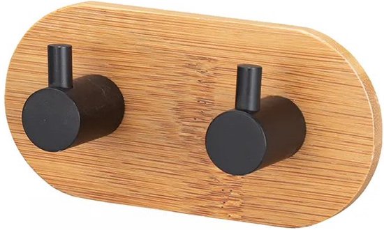 DWIH® - Zelfklevende dubbele Haak van Bamboe en zwart staal - Ophanghaken - Zelfklevend - Handdoekhaakjes - Badkamer - Bamboo - Zwart Staal