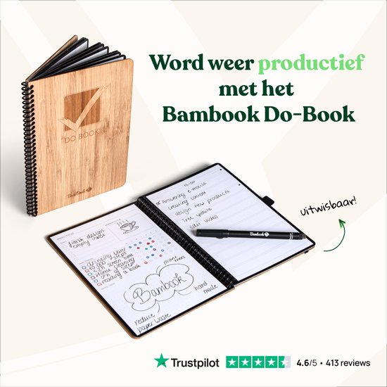 Bambook Do-Book - Luxe Bamboe Hardcover - A5 - Herbruikbaar Notitieboek, Uitwisbaar Notitieblok, Duurzaam Whiteboard Spiraalblok - Inclusief Gratis Pen & Bambook App - Bambook