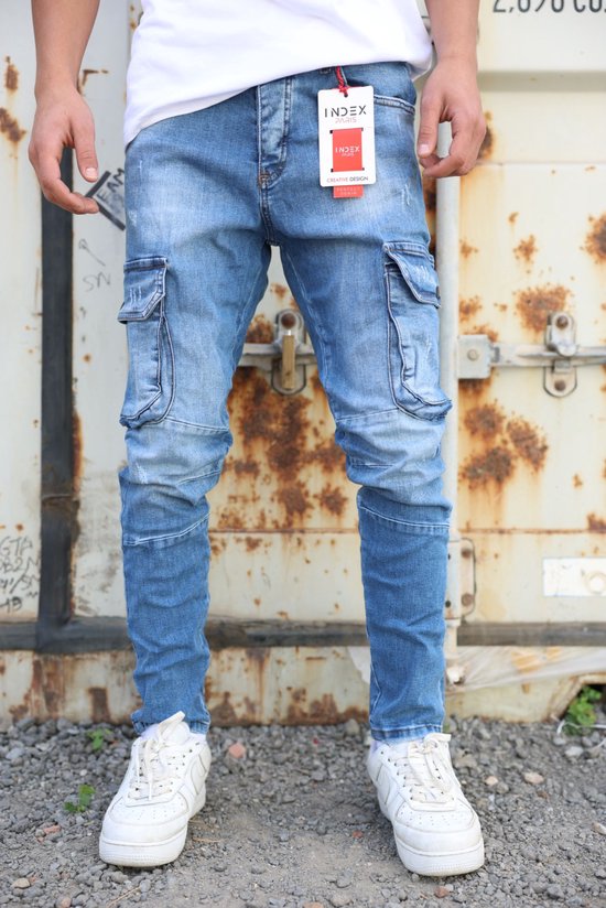 Index Heren Cargo Jeans Bleu-Slimfit-Maat:W31XL34