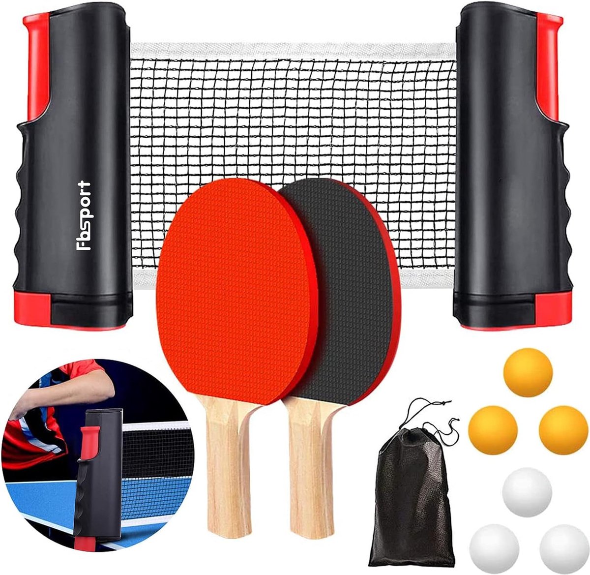 Professionele tafeltennisset, 2 tafeltennisbatjes + intrekbaar net + 6 ballen + 6 tafeltennisballen + 1 draagtas, tafeltennisbatjesset voor kinderen volwassenen gezinnen volwassenen