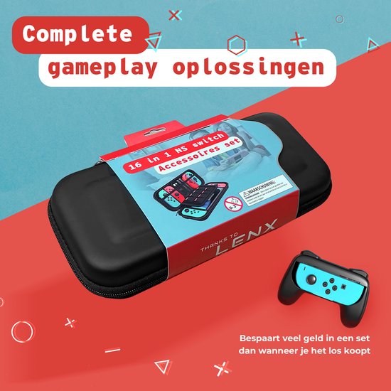 Lenx Accessoires Set geschikt voor Nintendo Switch - 16-in-1 Set - Case - Beschermhoes - Opbergtas - Screenprotector - Joy Con Grips - Stuur - Wheels - Oplaadstation - Game Card Box - Hoes - Cadeautip - Lenx