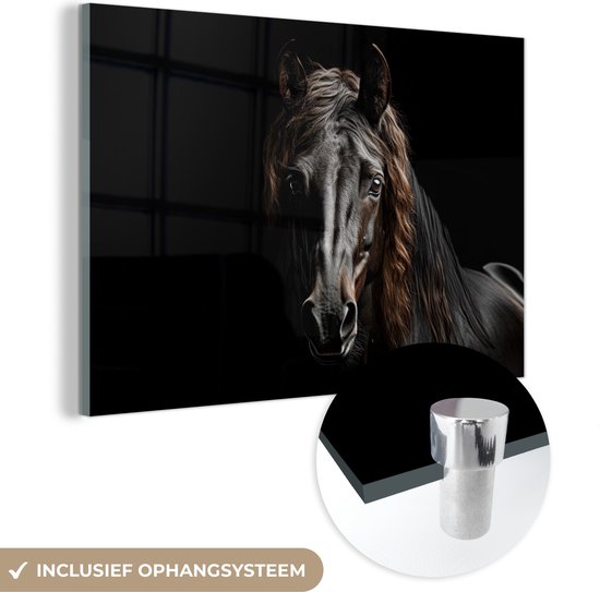 MuchoWow® Glasschilderij 120x80 cm - Schilderij acrylglas - Paard - Portret - Zwart - Dier - Foto op glas - Schilderijen