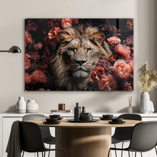 MuchoWow® Peinture sur verre 120x80 cm - Peinture sur verre - Lion - Animal - Nature - Botanique - Fleurs - Rose - Photo sur verre acrylique - Peintures