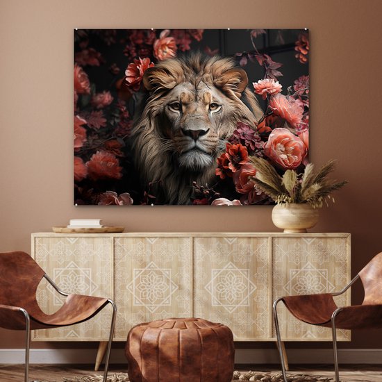MuchoWow® Glasschilderij 120x90 cm - Schilderij acrylglas - Leeuw - Dier - Natuur - Botanisch - Bloemen - Roze - Foto op glas - Muurdecoratie woonkamer - Wanddecoratie slaapkamer - Schilderijen