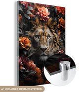 MuchoWow® Glasschilderij 30x40 cm - Schilderij acrylglas - Leeuw - Dier - Natuur - Bloemen - Botanisch - Foto op glas - Schilderijen