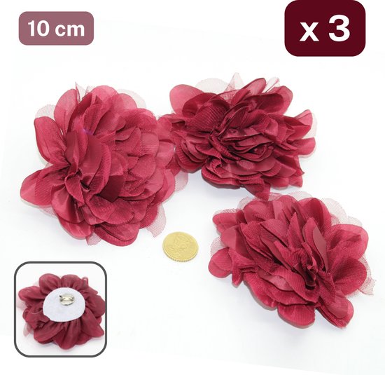 3 Pièces BROCHES FLEURS avec Epingle, Diamètre 10CM, Composition RUBAN + TULLE, Couleur BORDEAUX