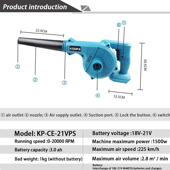 2 en 1 Souffleur Aspirateur sans fil bleu 2.8m³/min avec 2 batteries