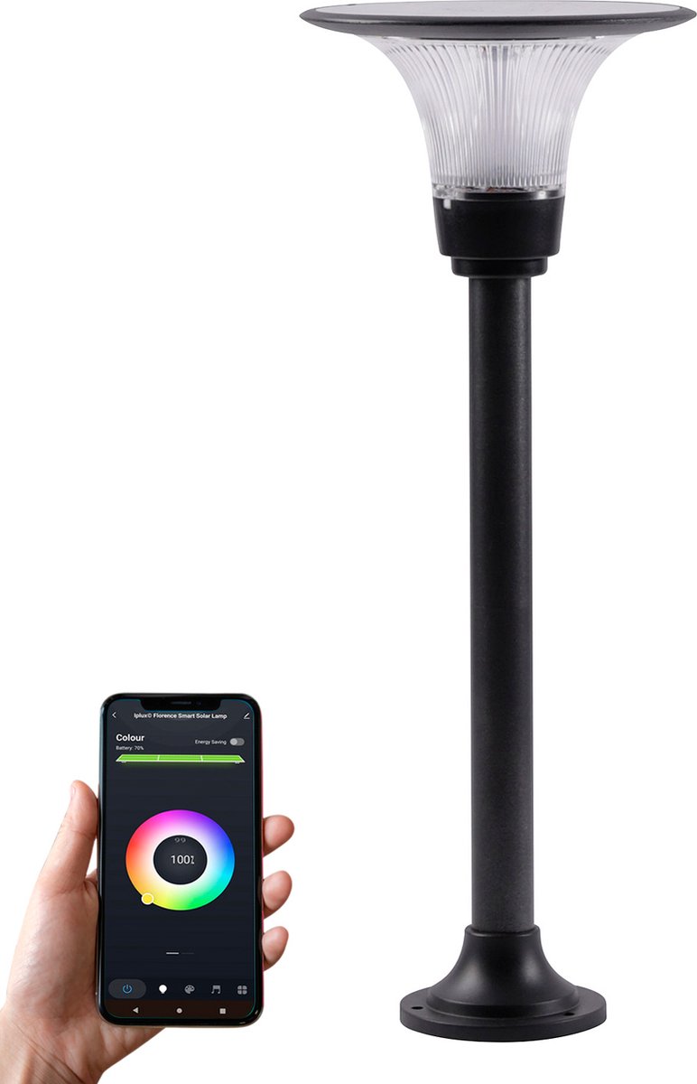 Iplux® Florence - Slimme Staande Solar Lamp 62cm - Smartphone App Control - Warm Wit + Kleur - IP65 Waterproof
