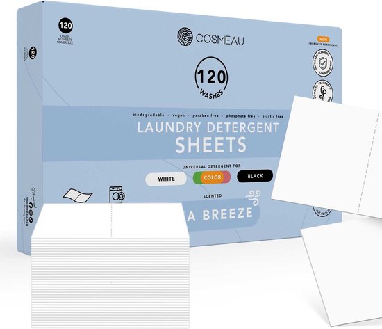 Foto: Cosmeau 5 in 1 wasstrips wasmiddeldoekjes 120 wasbeurten zeebries wasvellen wasdoekjes wasmiddel detergent sheets laundry strips bamboozy cosmo cosmea kosmo