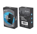Doos met digitale dictafoon. Een zijde toont de zwarte recorder met 8GB. De andere zijde toont een vergaderruimte.