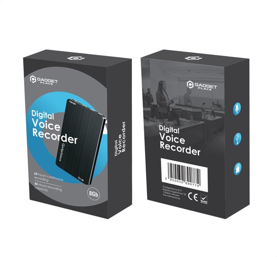 Doos met digitale dictafoon. Een zijde toont de zwarte recorder met 8GB. De andere zijde toont een vergaderruimte.