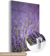 MuchoWow® Glasschilderij 90x120 cm - Schilderij acrylglas - Close-up van een veld paarse lavendel - Foto op glas - Schilderijen