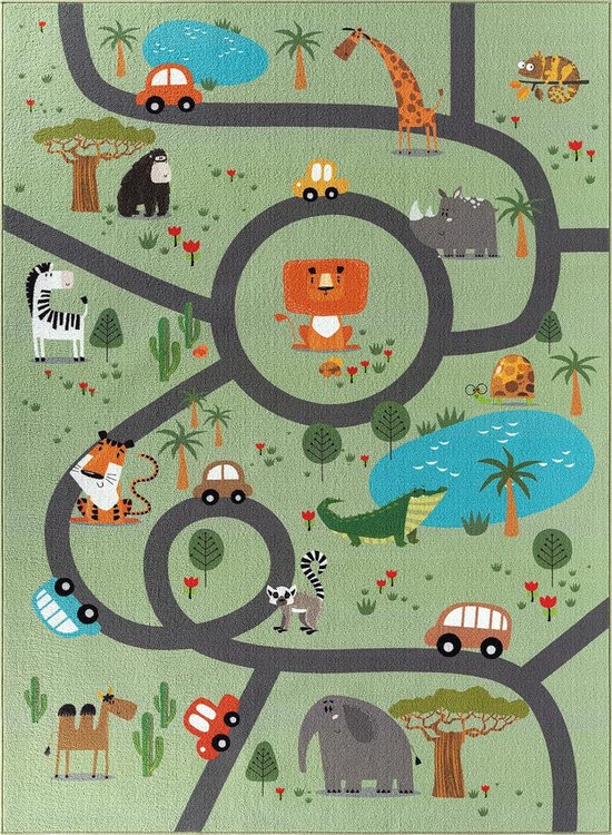 Vloerkleed kinderkamer - Groen - 200x290 cm - Afwasbaar - Antislip - Tapijt voor jongens en meisjes met een straat en jungledieren - Happy Life by the carpet
