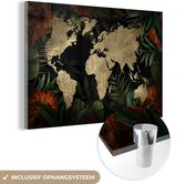 MuchoWow® Glasschilderij 60x40 cm - Schilderij acrylglas - Wereldkaart - Vintage - Bladeren - Foto op glas - Schilderijen