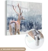 MuchoWow® Glasschilderij 40x30 cm - Schilderij acrylglas - Hert - Sneeuw - Dier - Foto op glas - Schilderijen