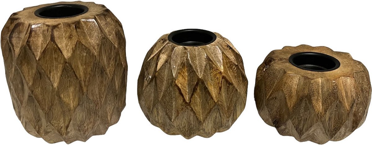 Home Society Kandelaar - homesociety - waxinelichthouder - hout - per set van 3 stuks - decoratieve accessoires bruin