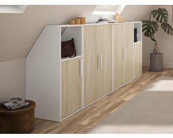 Vente-unique Meubel voor onder een hellend dak 6 deuren en 2 nissen - Wit en naturel - ADEZIO L 278.8 cm x H 110 cm x D 50 cm