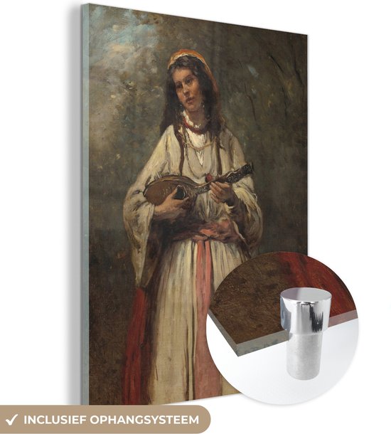 MuchoWow® Glasschilderij 90x120 cm - Schilderij acrylglas - Gitane met een mandoline - Schilderij van Jean-Baptiste-Camille Corot - Foto op glas - Schilderijen