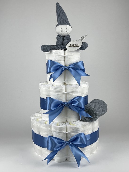 Foto: Chouette chouette luiertaart jongen kraamcadeau geboorte jongen babyshower tiamo tutpopje grey blue diep blauw