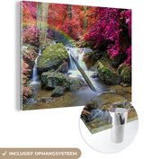 MuchoWow® Glasschilderij 120x90 cm - Schilderij acrylglas - Regenboog - Waterval - Bomen - Stenen - Mos - Foto op glas - Schilderijen