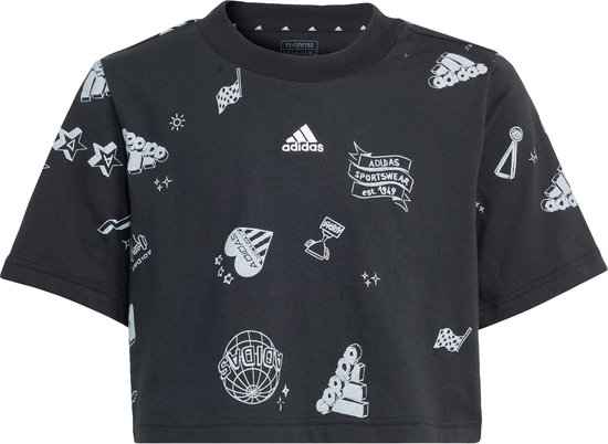 adidas Sportswear Brand Love Allover Print Crop T-shirt Kids - Kinderen - Zwart- 170