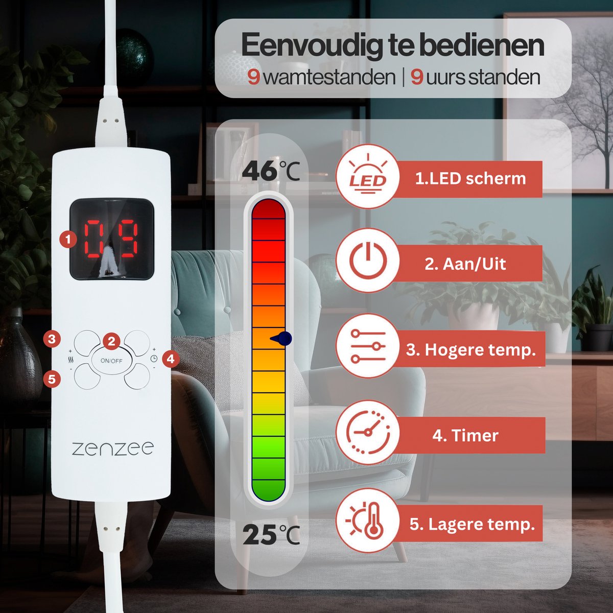 ZenZee Elektrische deken - Bovendeken - Elektrische warmtedeken - Knuffeldeken - 9 standen - Timer 9 uur - 181 x 136 cm - Antraciet grijs – foto 8