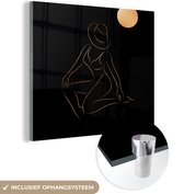 MuchoWow® Glasschilderij 50x50 cm - Schilderij acrylglas - Vrouw - Maan - Goud - Zwart - Foto op glas - Schilderijen