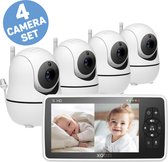 XOOZI SD4 - Babyfoon met Camera - Baby Camera - Baby Monitor - Babyphone - 5 Inch - Split Screen - Vox Modus - 8 Slaapliedjes - Handige Zwanenhals - Complete Set Voor 4 Kinderen - Zonder Wifi en App