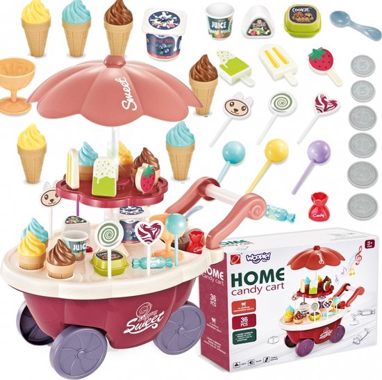 Foto: Woopie winkelwagen met ijs en snoep inclusief 36 accessoires speeltafel inclusief geluid en licht rollenspel