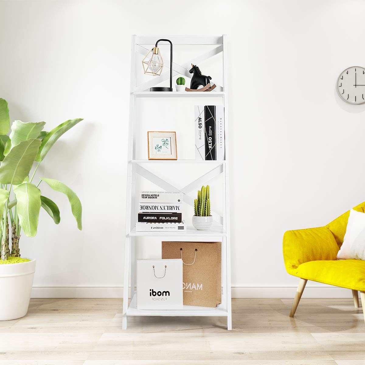 4 niveaus ladderrek, staand rek, boekenkast, hout, traprek voor woonkamer, keuken, badkamer & boekhandel (1, wit)