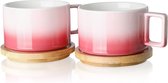 Porseleinen cappuccino kop met houten schotel, 310ml Demitasse kopjes set voor koffie, cappuccino, latte, expresso, americano, thee (Sakura roze)