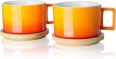 Porseleinen cappuccino kop met houten schotel, 310ml Demitasse kopjes set voor koffie, cappuccino, latte, expresso, americano, thee (tropisch oranje)