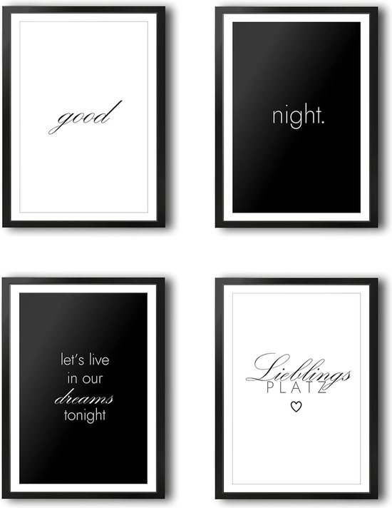 Slaapkamer fotoset [4 stuks] prachtige decoratieve afbeeldingen in zwart & wit perfecte pasvorm voor DIN A4 fotolijsten