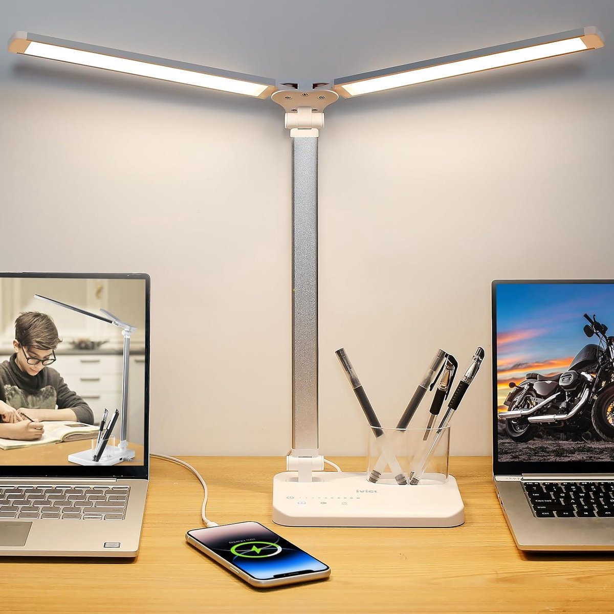Intelectro Bureaulamp - Dual Swing Arm LED Bureaulamp met Slimme Verlichting - Verschillende Verlichtingsmodi - USB Oplaadpoort - Ingebouwde Timer - Dubbele Verlichting - Oogbescherming - Wit - Levering Sneller dan Aangegeven!